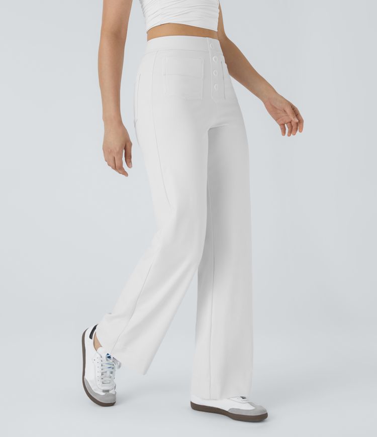 High Waisted Pockets Straight Leg Casual Pants