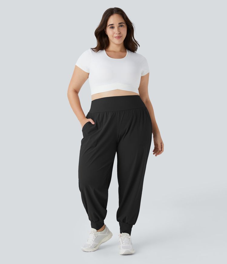 High Waisted Plain Pocket Yoga Plus Size Joggers