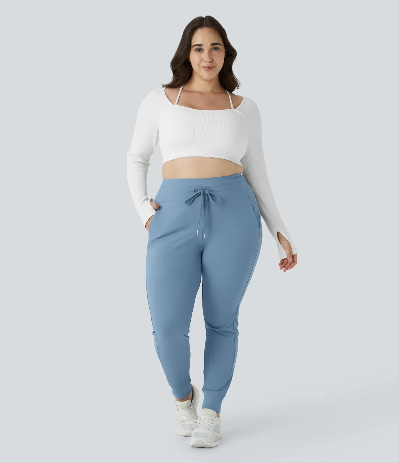 SoftlyZero™ Plush High Waisted Drawstring Pocket Plain Full Length Cool Touch Plus Size Joggers-UPF50+