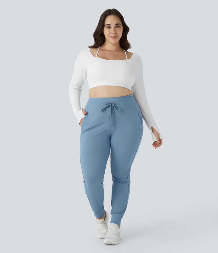 SoftlyZero™ Plush High Waisted Drawstring Pocket Plain Full Length Cool Touch Plus Size Joggers-UPF50+