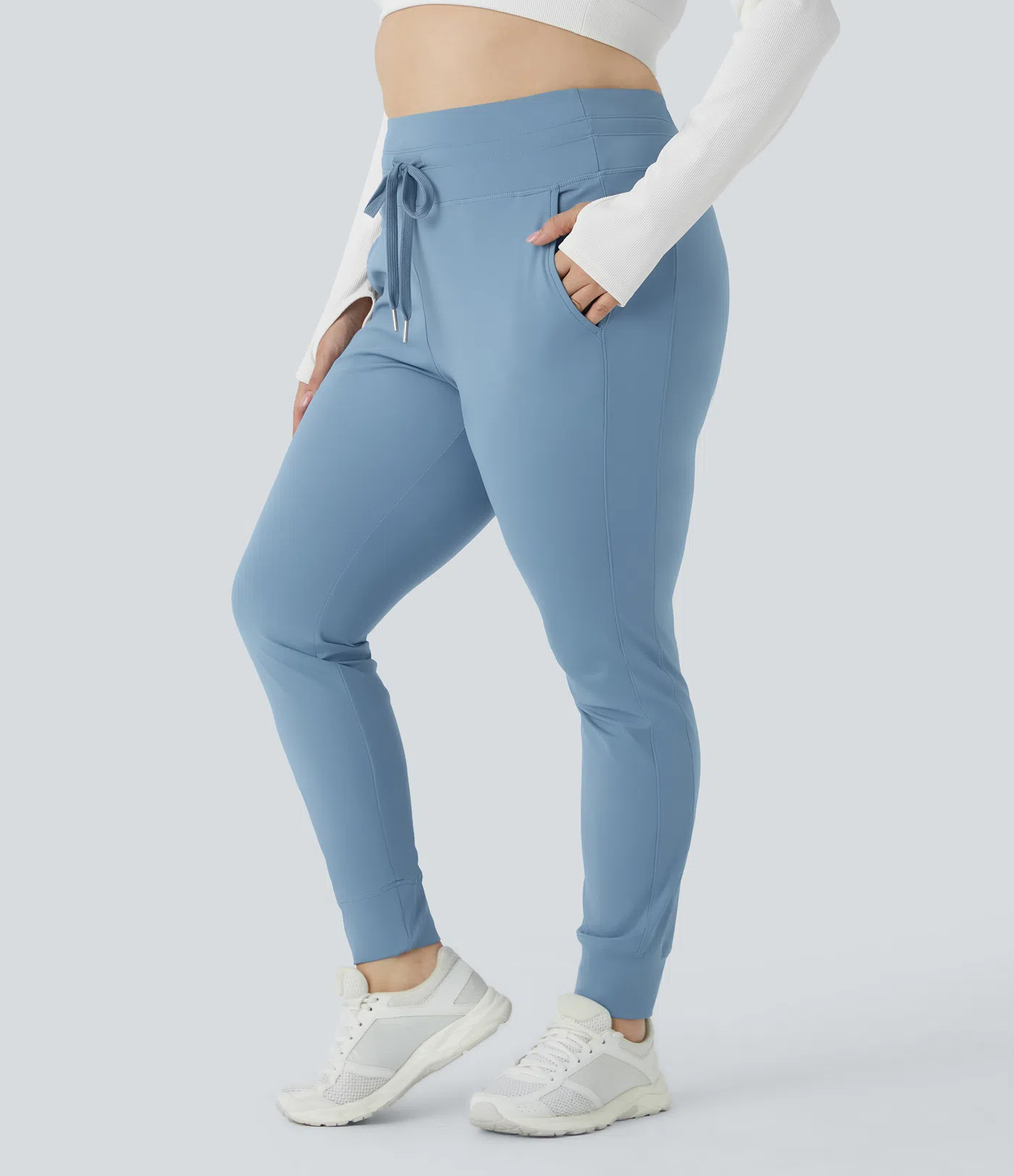 SoftlyZero™ Plush High Waisted Drawstring Pocket Plain Full Length Cool Touch Plus Size Joggers-UPF50+