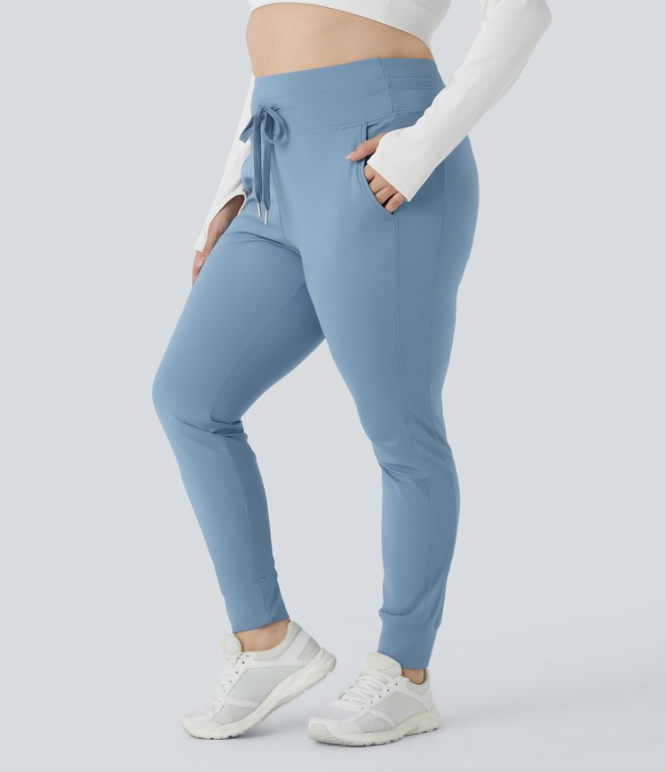 SoftlyZero™ Plush High Waisted Drawstring Pocket Plain Full Length Cool Touch Plus Size Joggers-UPF50+