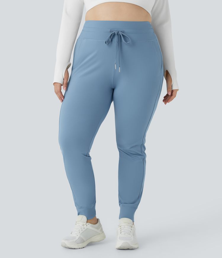 SoftlyZero™ Plush High Waisted Drawstring Pocket Plain Full Length Cool Touch Plus Size Joggers-UPF50+