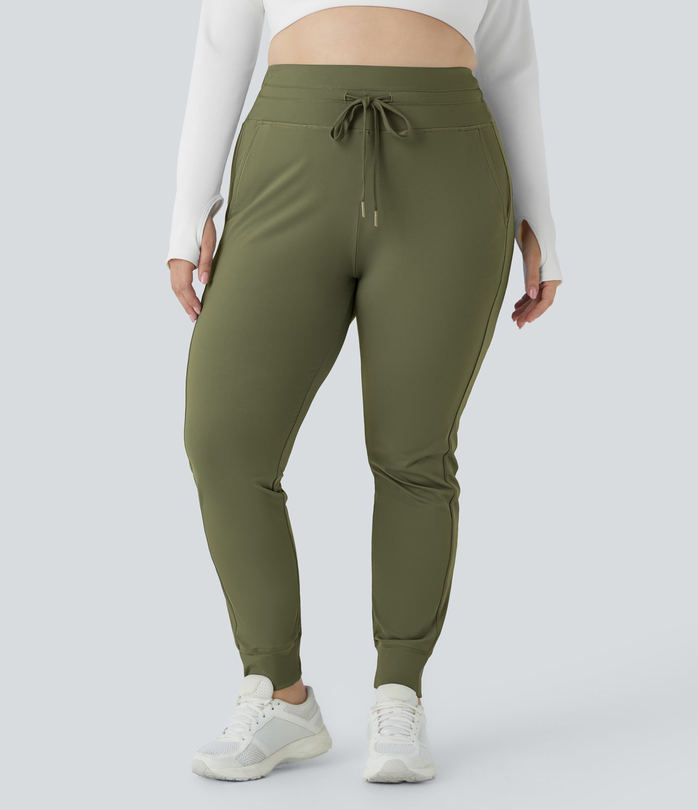 SoftlyZero™ Plush High Waisted Drawstring Pocket Plain Full Length Cool Touch Plus Size Joggers-UPF50+
