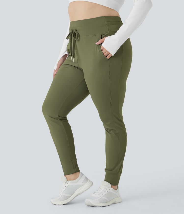 SoftlyZero™ Plush High Waisted Drawstring Pocket Plain Full Length Cool Touch Plus Size Joggers-UPF50+
