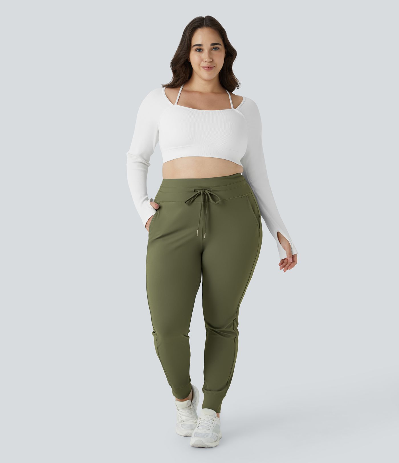 SoftlyZero™ Plush High Waisted Drawstring Pocket Plain Full Length Cool Touch Plus Size Joggers-UPF50+