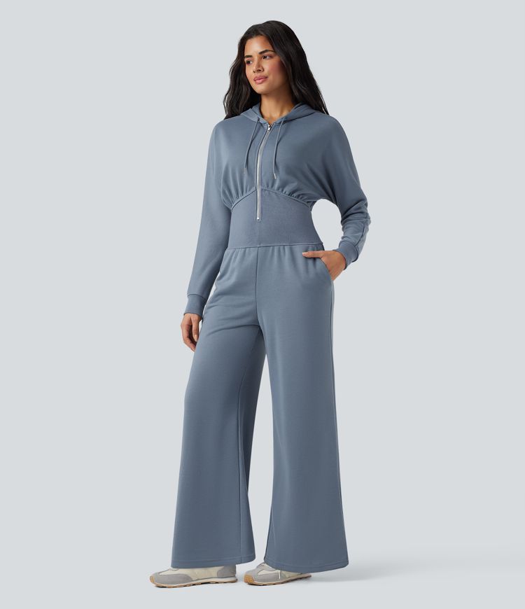 Hooded Drawstring Long Sleeve Casual Jumpsuit with Pockets