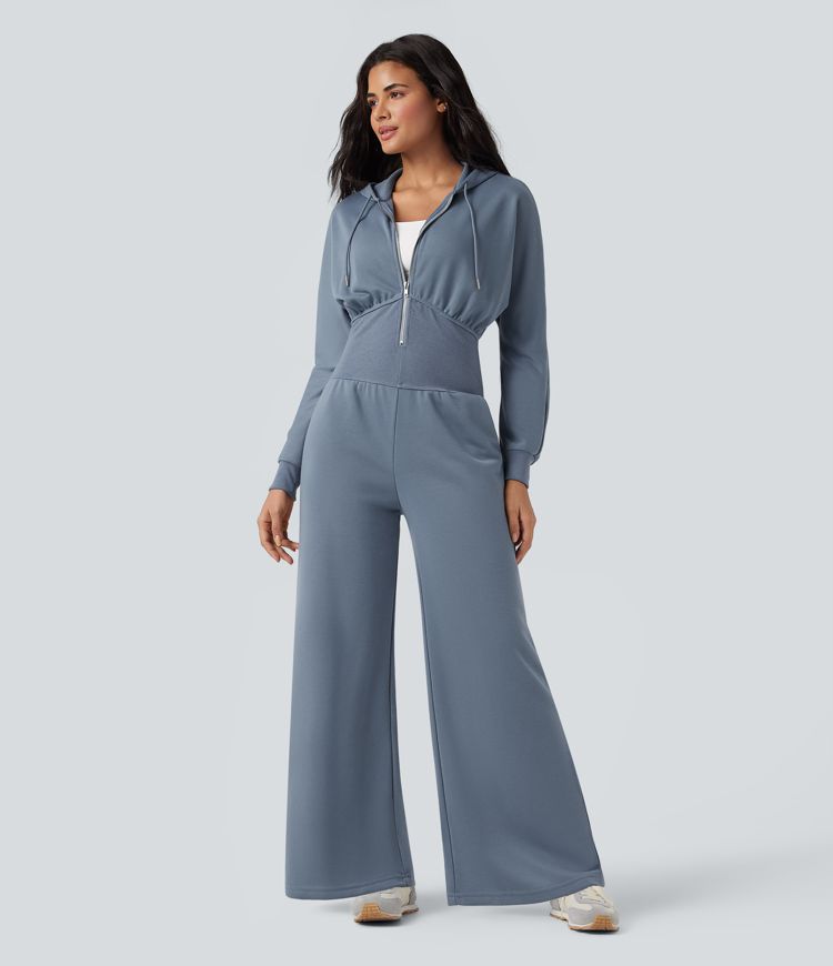 Hooded Drawstring Long Sleeve Casual Jumpsuit with Pockets