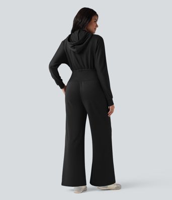 Combinaison décontractée à capuche avec cordon en daim, manches longues et poches