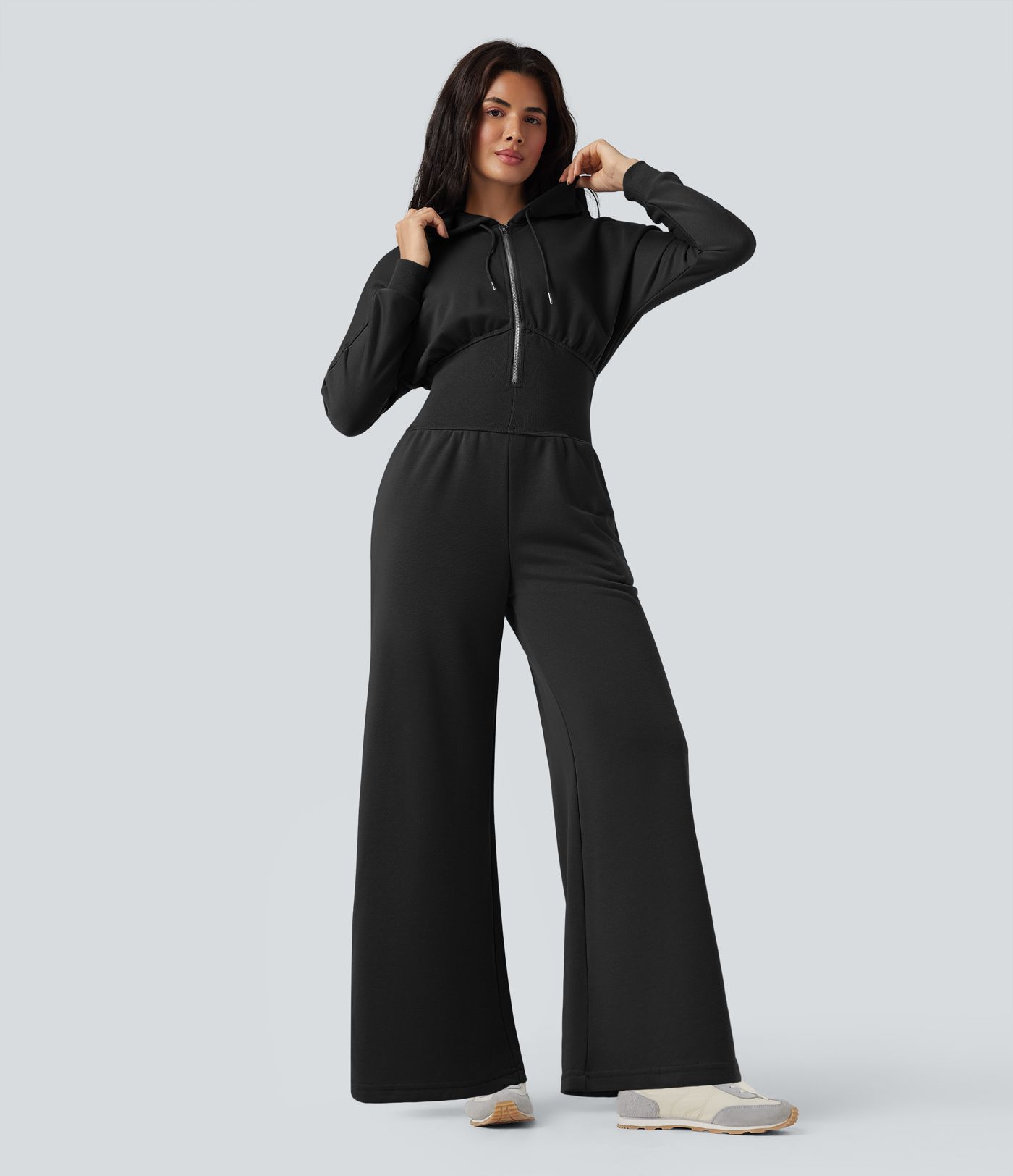 Combinaison décontractée à capuche avec cordon en daim, manches longues et poches