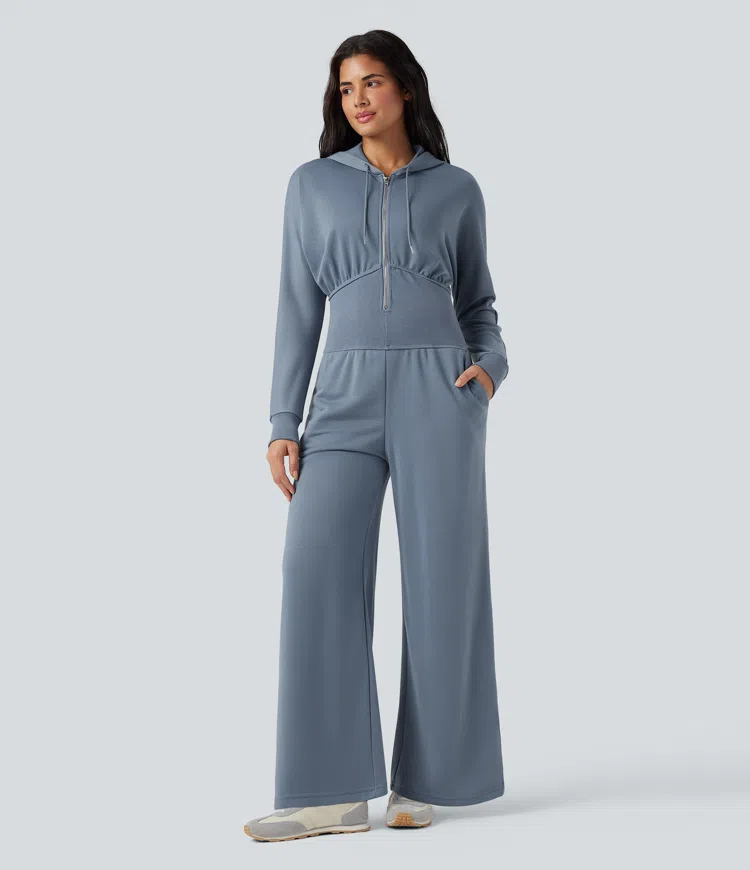 Hooded Drawstring Long Sleeve Casual Jumpsuit with Pockets