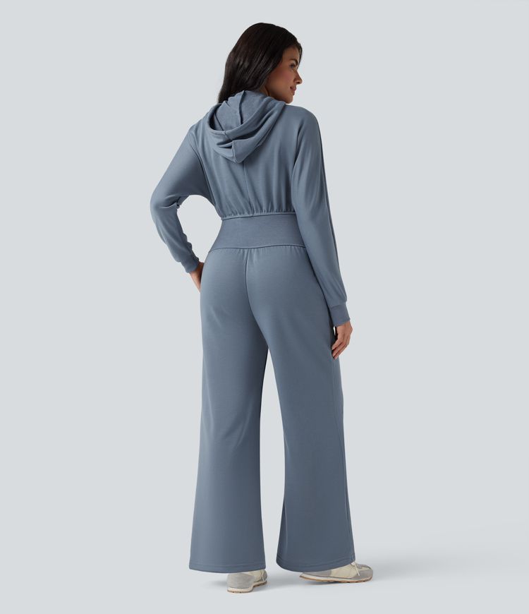 Hooded Drawstring Long Sleeve Casual Jumpsuit with Pockets