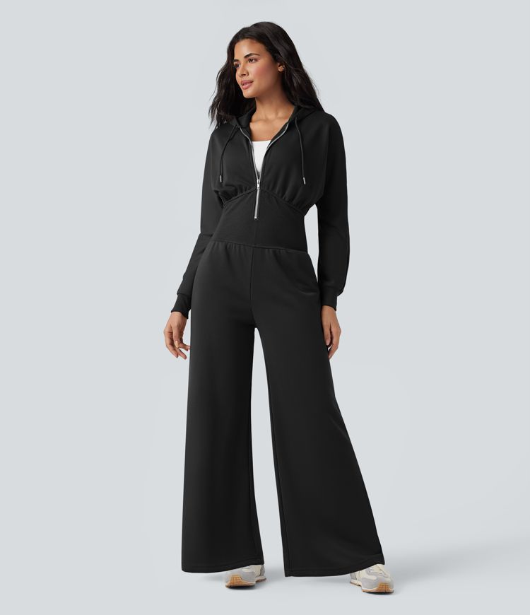 Combinaison décontractée à capuche avec cordon en daim, manches longues et poches