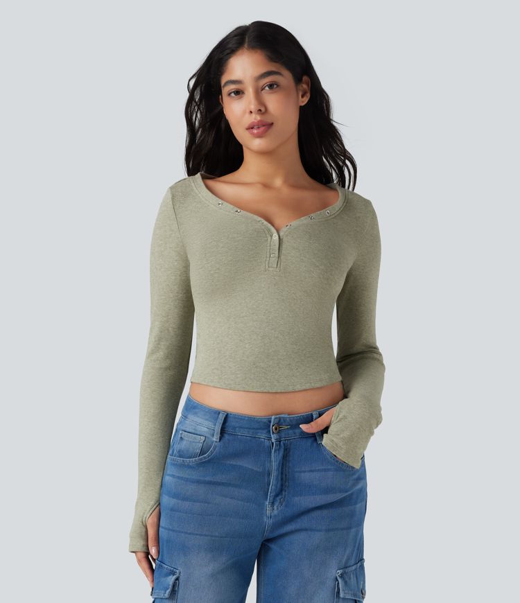 Sweetheart Neck Long Sleeve Thumb Hole Cropped Casual T-Shirt