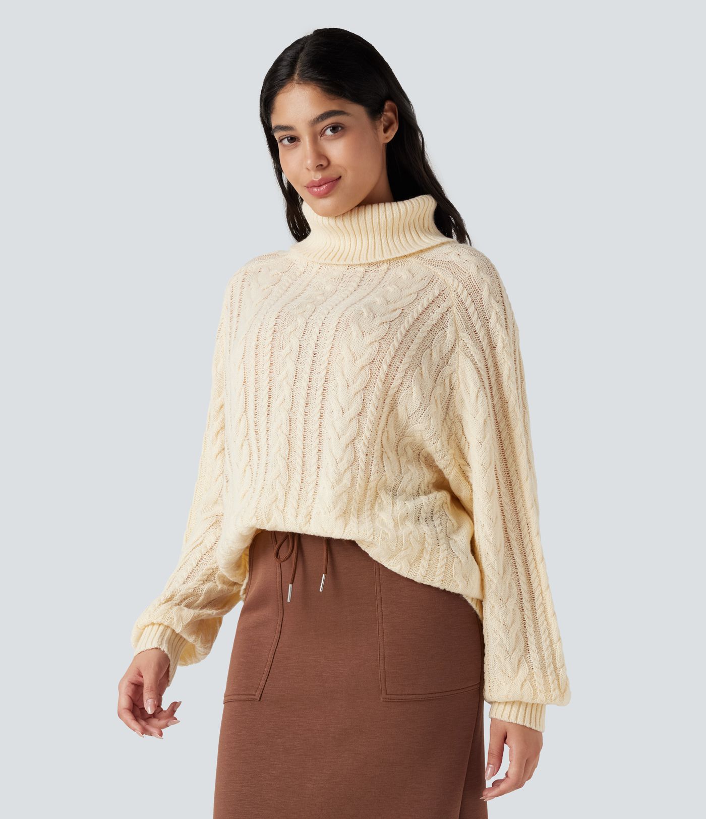 High Neck Long Sleeve Cable Knit Casual Sweater