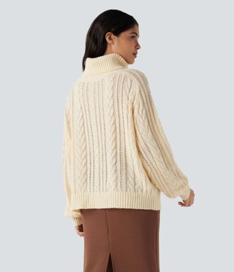 High Neck Long Sleeve Cable Knit Casual Sweater