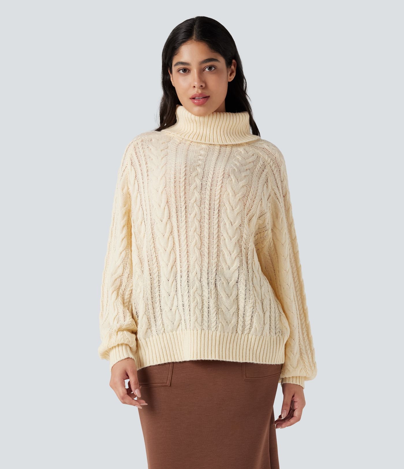 High Neck Long Sleeve Cable Knit Casual Sweater