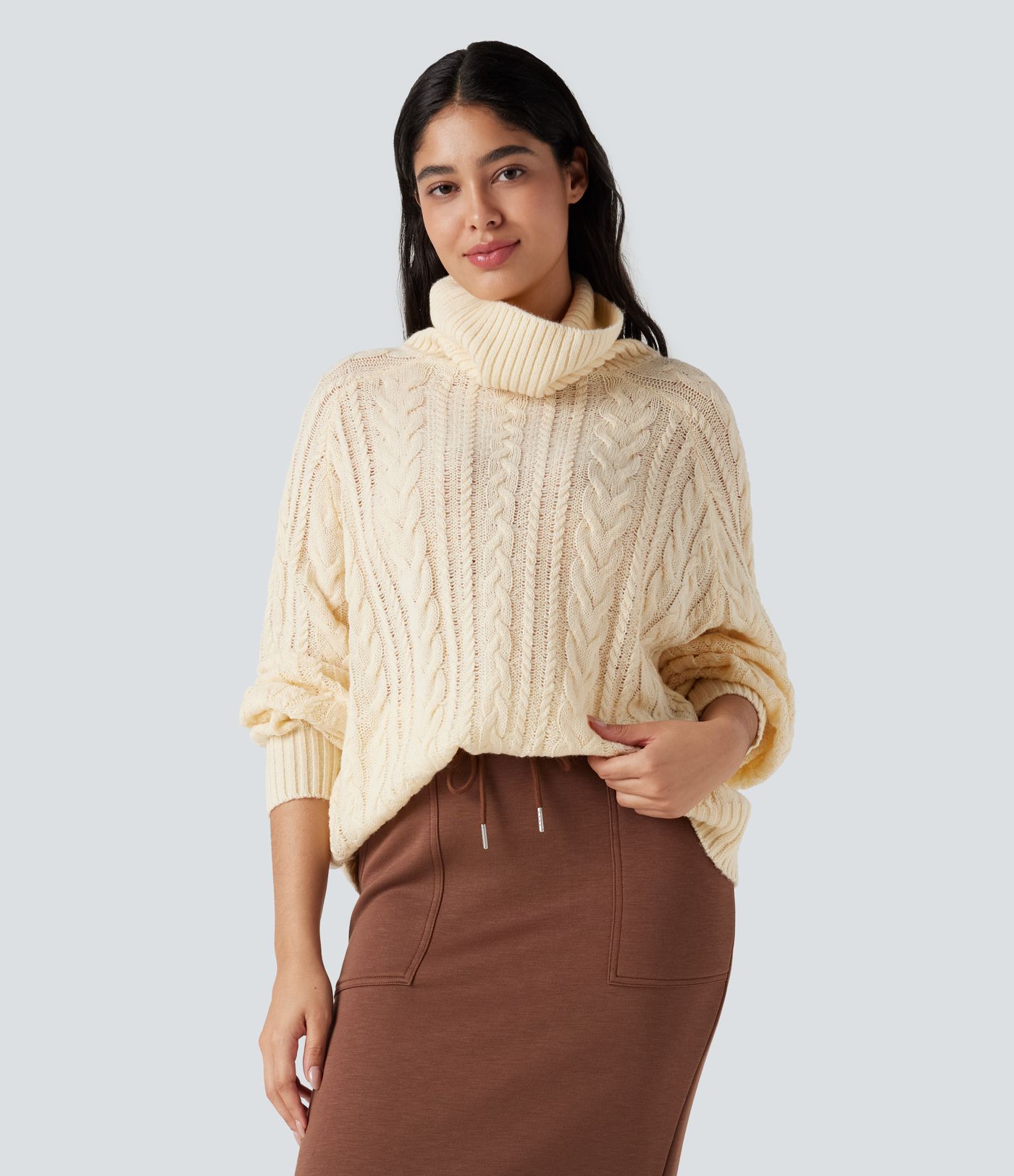 High Neck Long Sleeve Cable Knit Casual Sweater