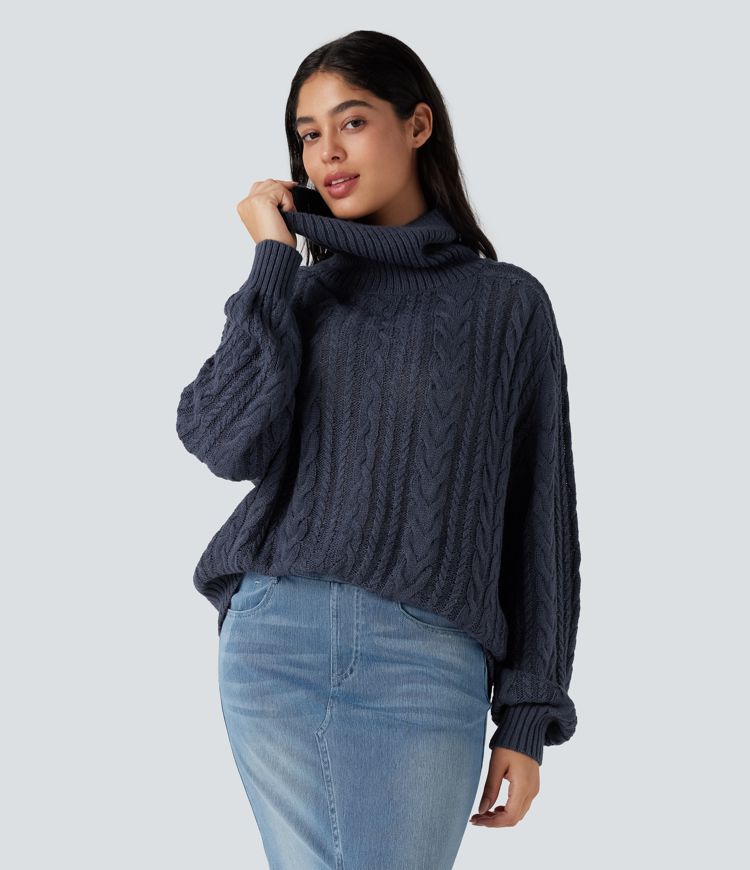 High Neck Long Sleeve Cable Knit Casual Sweater