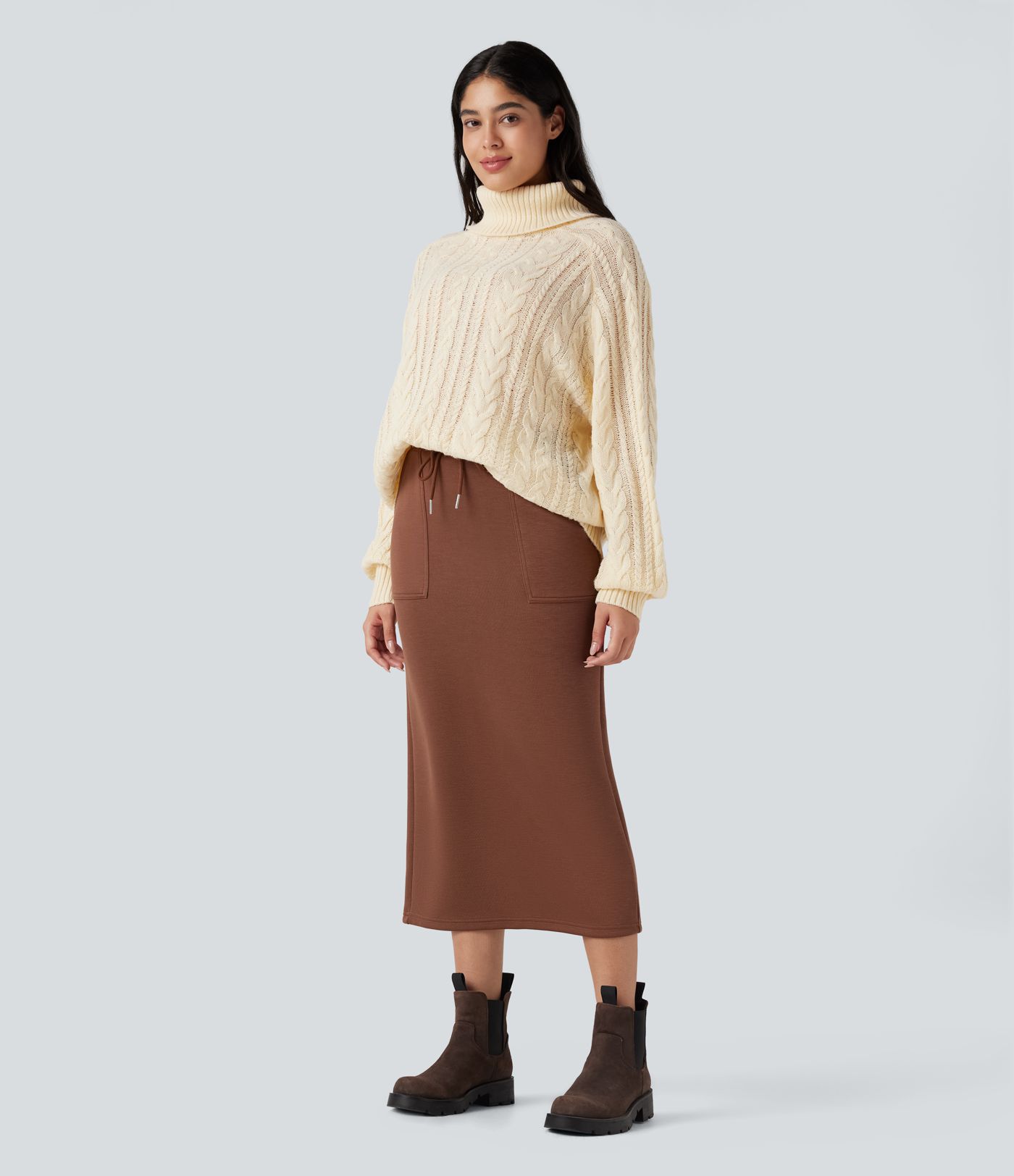 High Neck Long Sleeve Cable Knit Casual Sweater