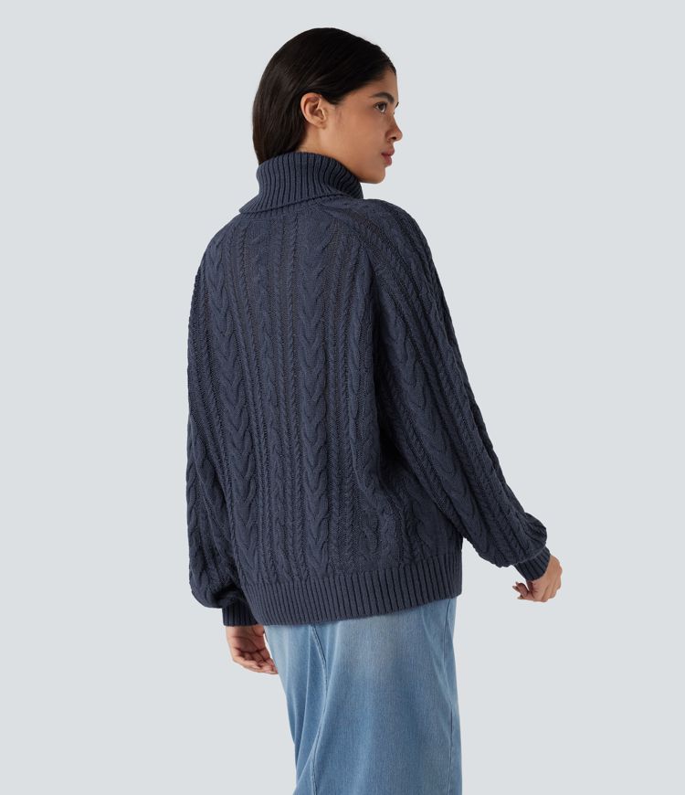 High Neck Long Sleeve Cable Knit Casual Sweater