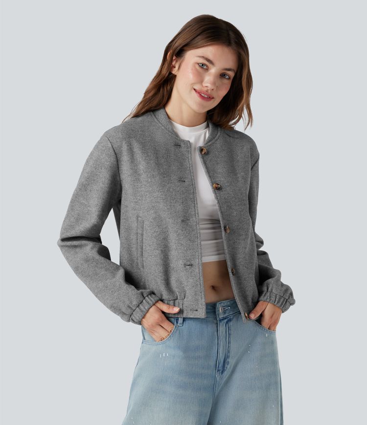 Crossover Back Long Sleeve Fleece Casual Jacket with Pockets