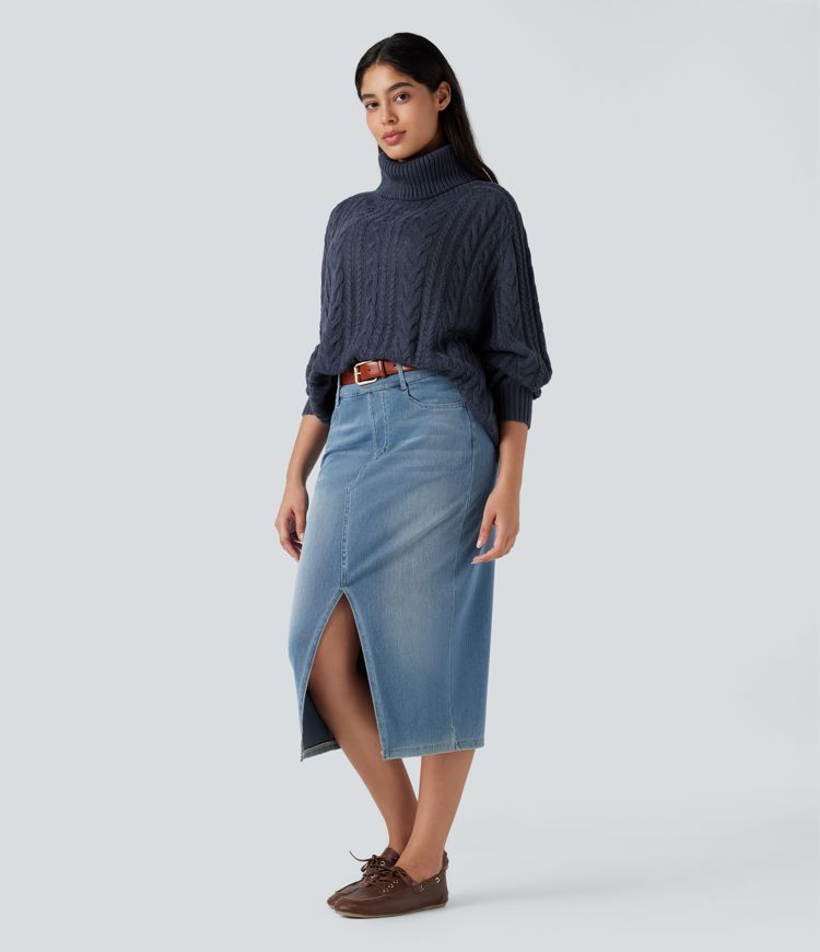 High Neck Long Sleeve Cable Knit Casual Sweater