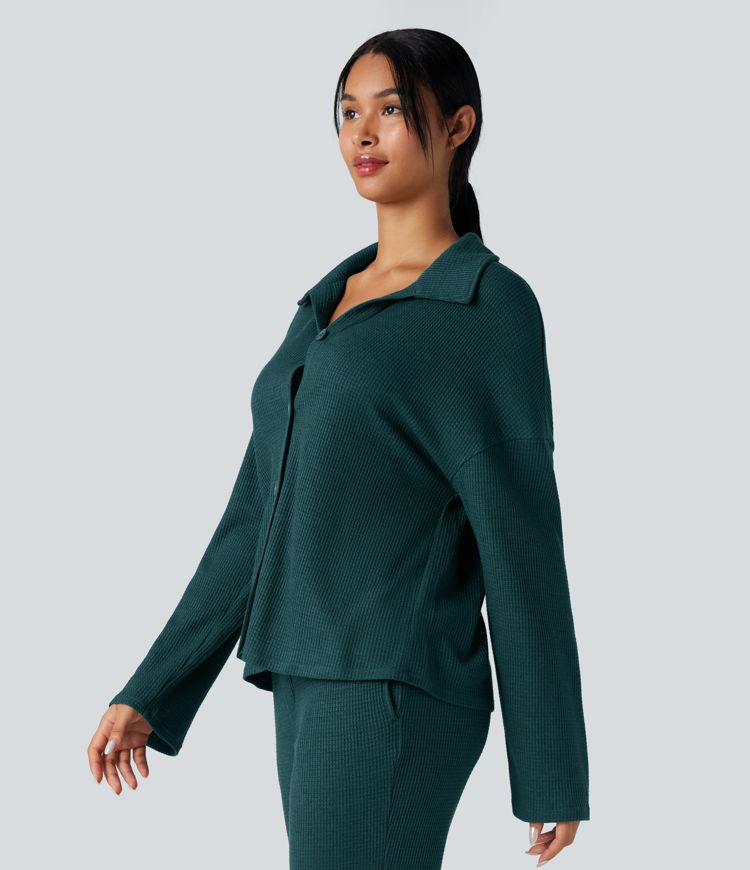 Lapel Long Sleeve Button Fly Relaxed Waffle Lounge Top