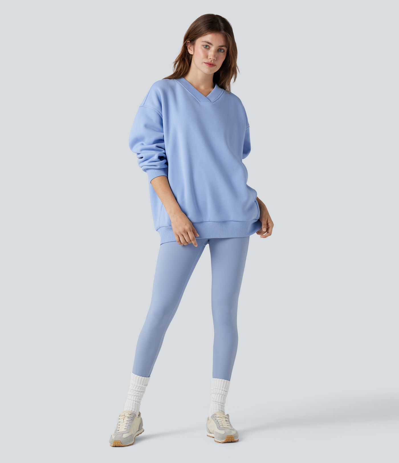V Neck Long Sleeve Fleece Casual Cotton Sweatshirt with Pockets