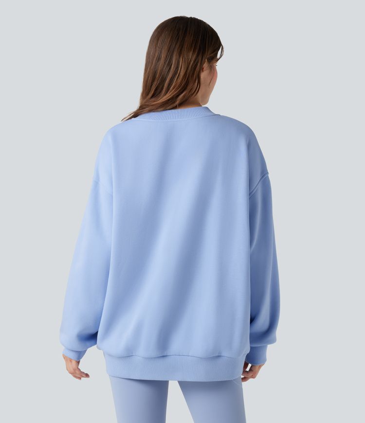 V Neck Long Sleeve Fleece Casual Cotton Sweatshirt with Pockets