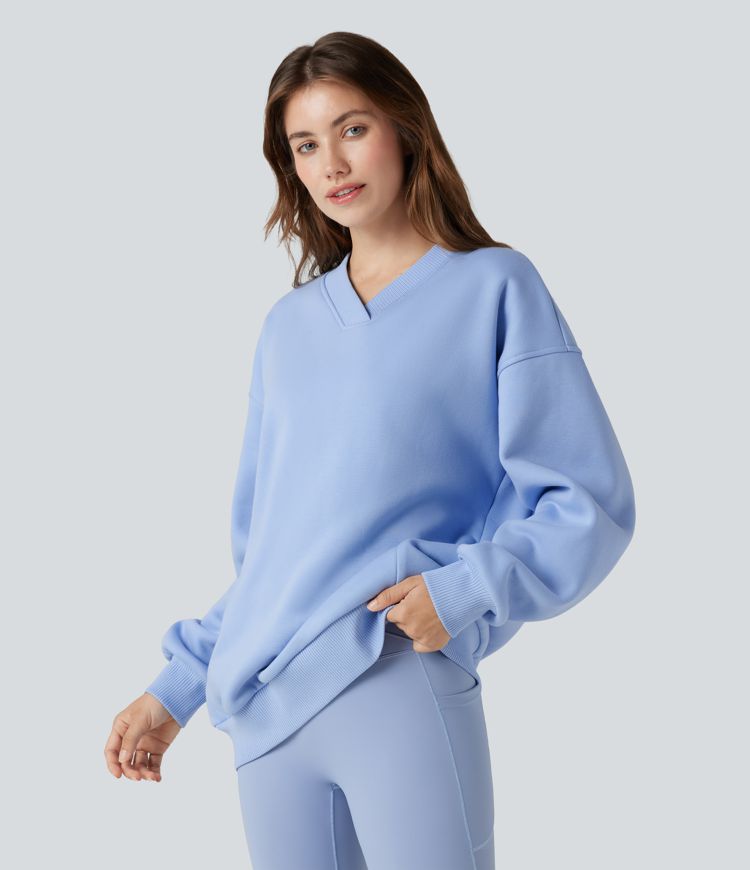 V Neck Long Sleeve Fleece Casual Cotton Sweatshirt with Pockets