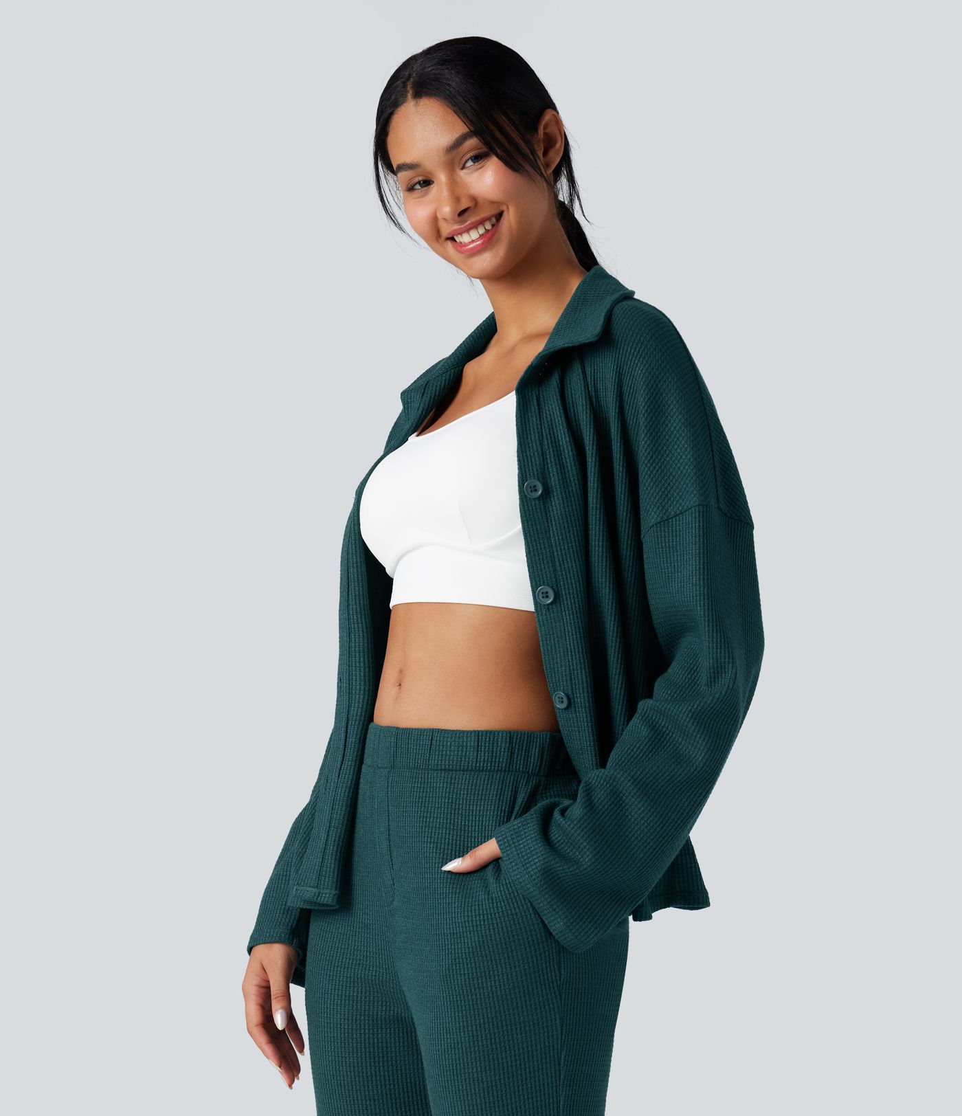 Lapel Long Sleeve Button Fly Relaxed Waffle Lounge Top