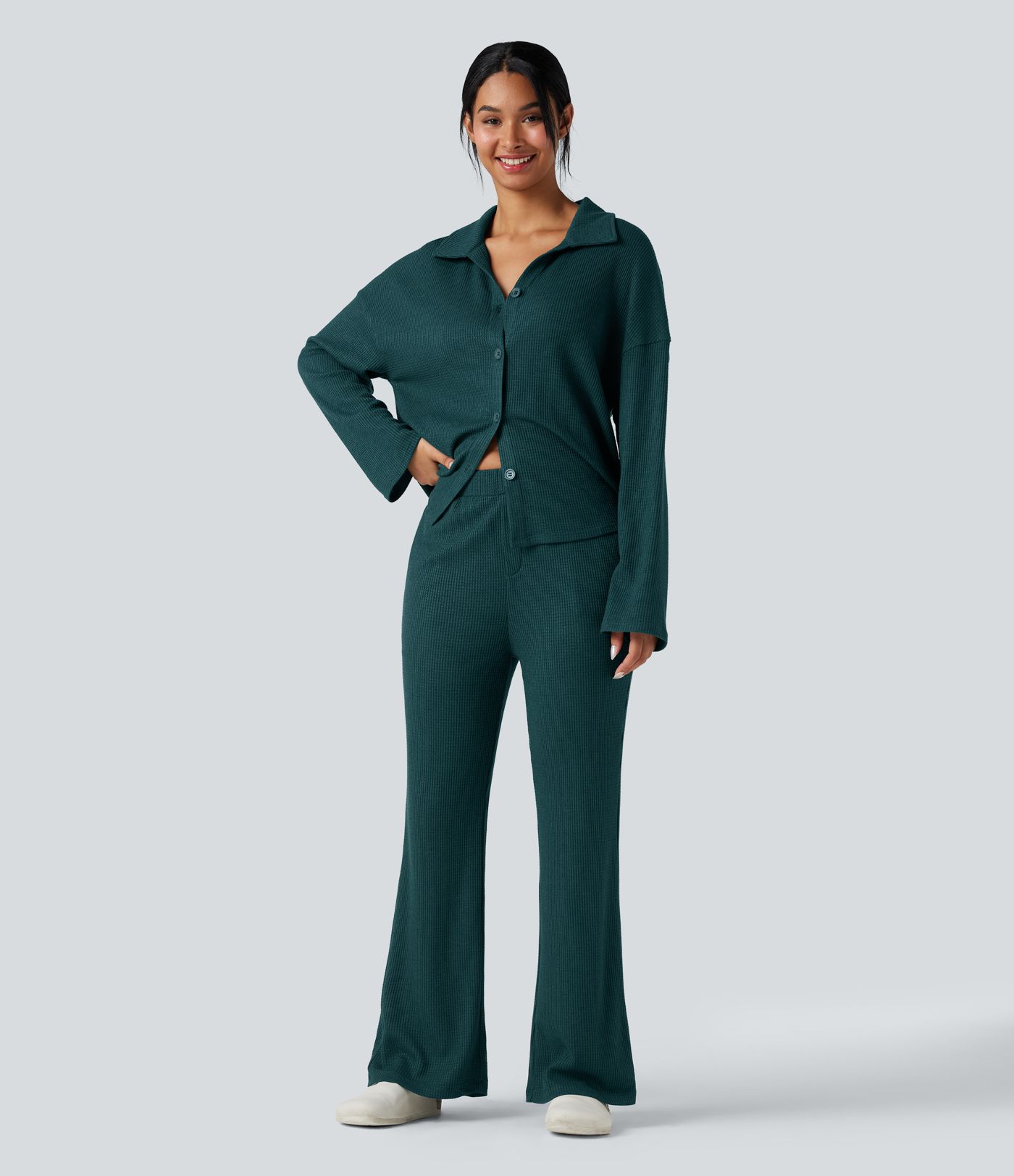 Lapel Long Sleeve Button Fly Relaxed Waffle Lounge Top