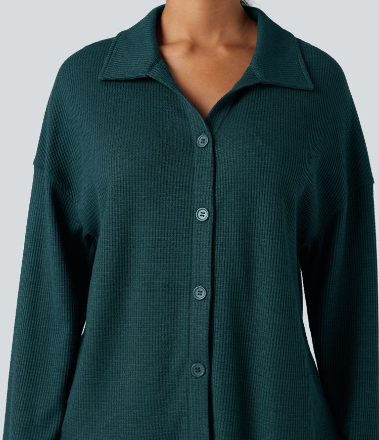 Lapel Long Sleeve Button Fly Relaxed Waffle Lounge Top