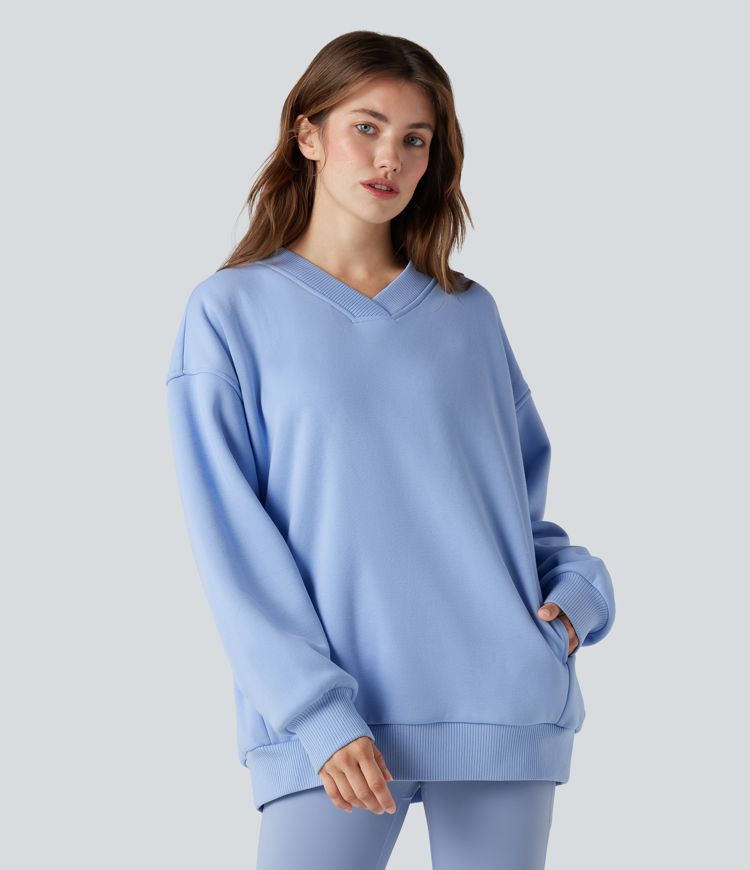 V Neck Long Sleeve Fleece Casual Cotton Sweatshirt with Pockets