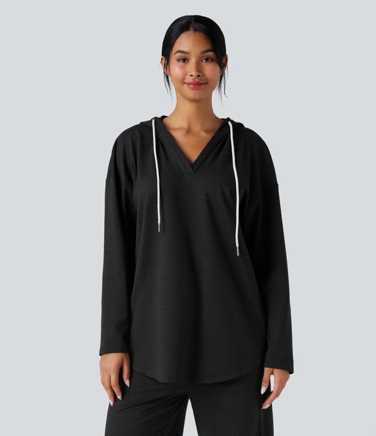 Hooded Curved Hem Oversized Quick Dry Casual Heathered Sweatshirt-UPF40+