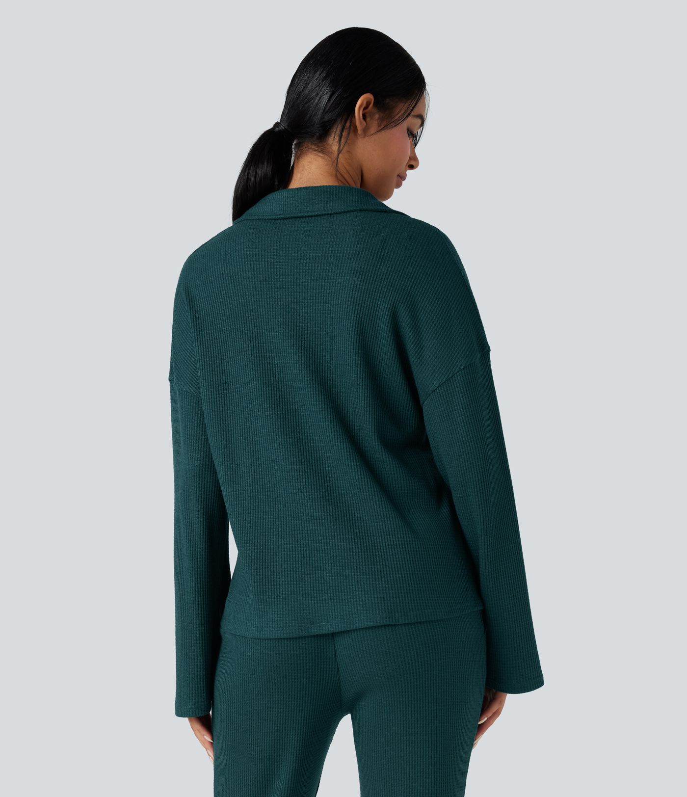 Lapel Long Sleeve Button Fly Relaxed Waffle Lounge Top