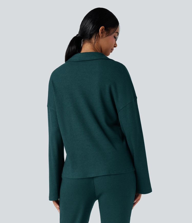 Lapel Long Sleeve Button Fly Relaxed Waffle Lounge Top