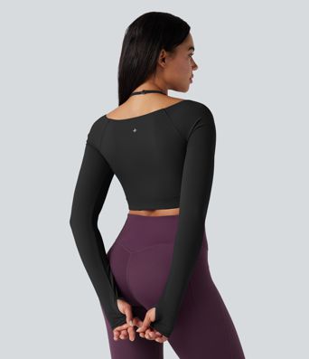 SoftlyZero™ Plush Adjustable Halter Long Sleeve Thumb Holes Cropped Yoga Sports Top