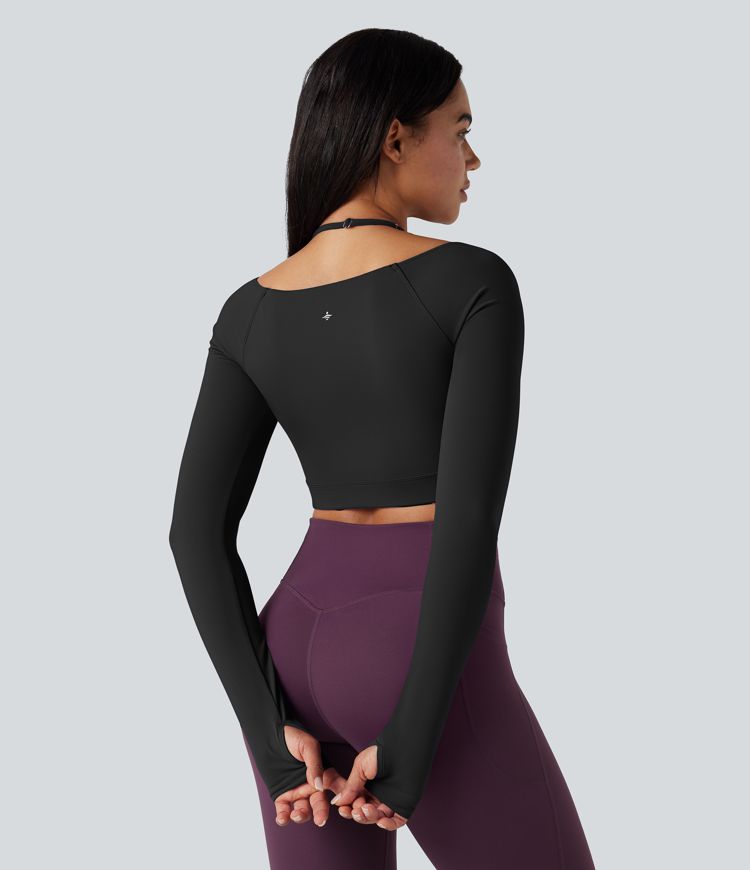 SoftlyZero™ Plush Adjustable Halter Long Sleeve Thumb Holes Cropped Yoga Sports Top