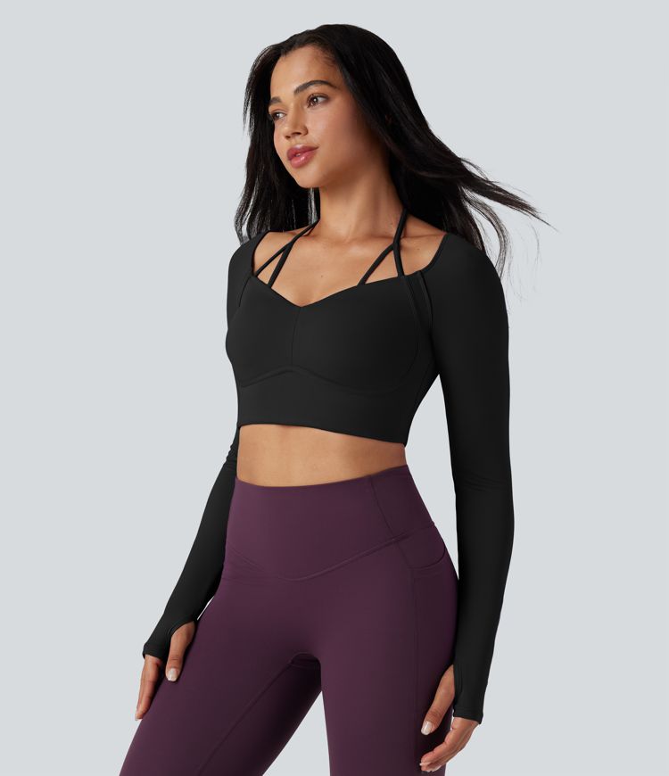 SoftlyZero™ Plush Adjustable Halter Long Sleeve Thumb Holes Cropped Yoga Sports Top