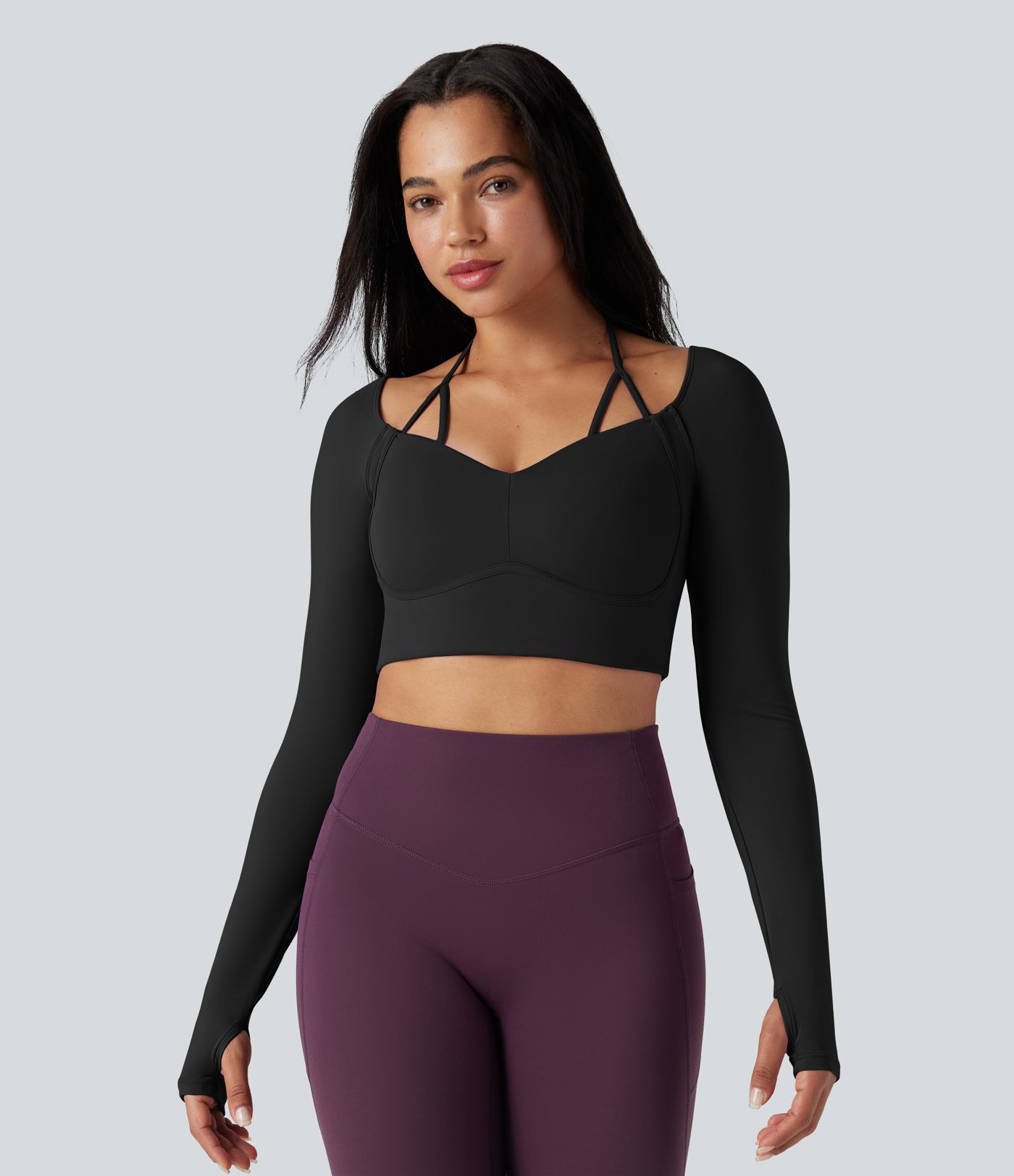 SoftlyZero™ Plush Adjustable Halter Long Sleeve Thumb Holes Cropped Yoga Sports Top