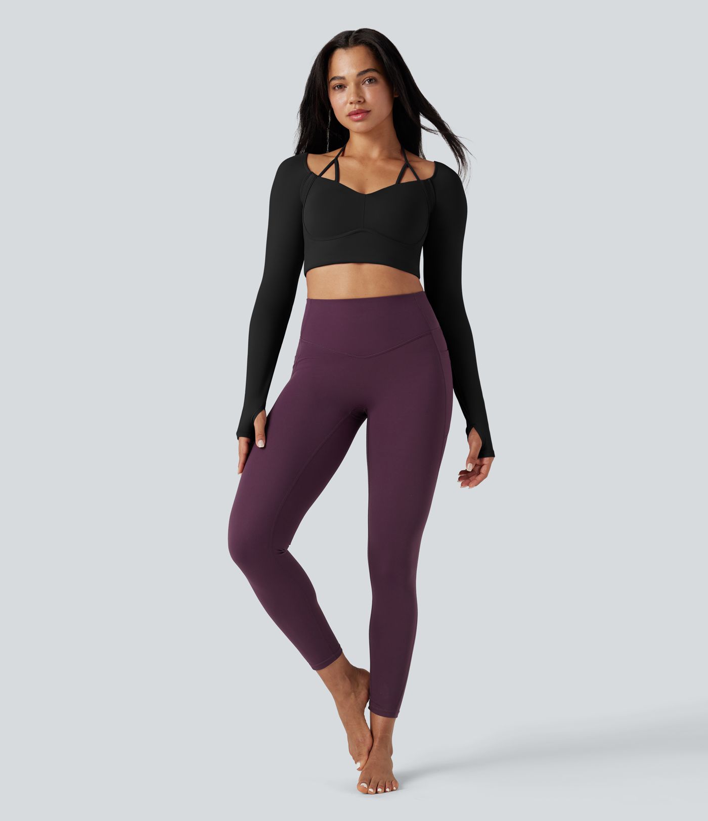 SoftlyZero™ Plush Adjustable Halter Long Sleeve Thumb Holes Cropped Yoga Sports Top