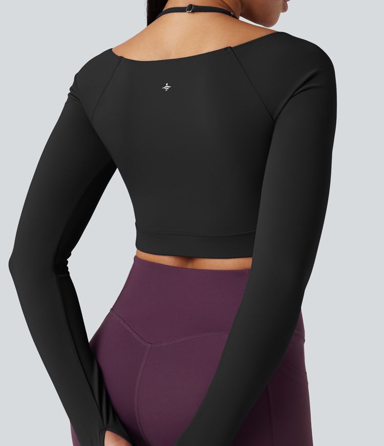 SoftlyZero™ Plush Adjustable Halter Long Sleeve Thumb Holes Cropped Yoga Sports Top