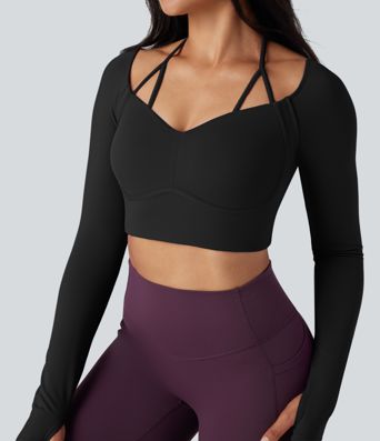 SoftlyZero™ Plush Adjustable Halter Long Sleeve Thumb Holes Cropped Yoga Sports Top