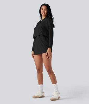Hooded Long Sleeve 2-piece Quick Dry Casual Dress with Pockets