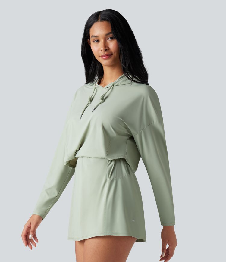 Casual 2-delige jurk met capuchon, lange mouwen, sneldrogende stof en zakken