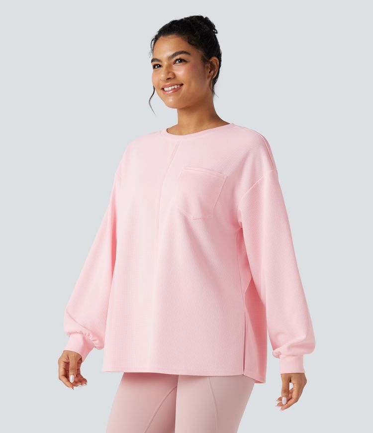 Sudadera casual oversized de tejido waffle, cuello redondo, manga larga, dobladillo con abertura y bolsillos