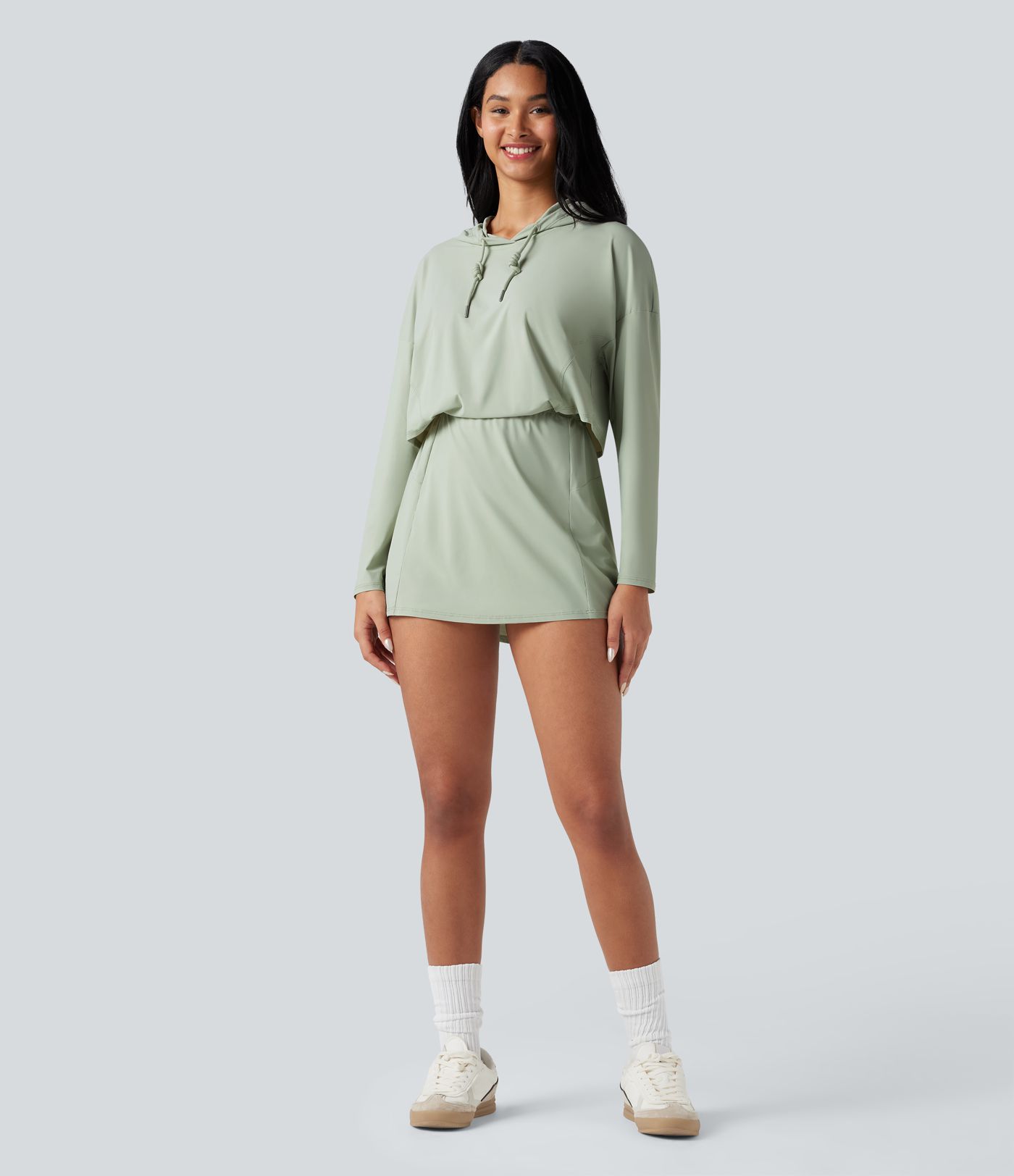 Hooded Long Sleeve 2-piece Quick Dry Casual Dress with Pockets