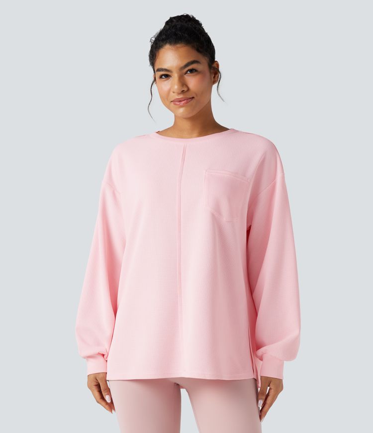 Round Neck Long Sleeve Split Hem Waffle Oversized Casual Sweatshirt with Pockets